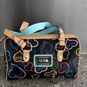 XOXO Black Satchel with Multi-Color Heart Print and Tan Trim